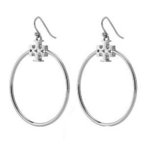 Tory Burch Silver T Stacked Logo Hoop Earrings